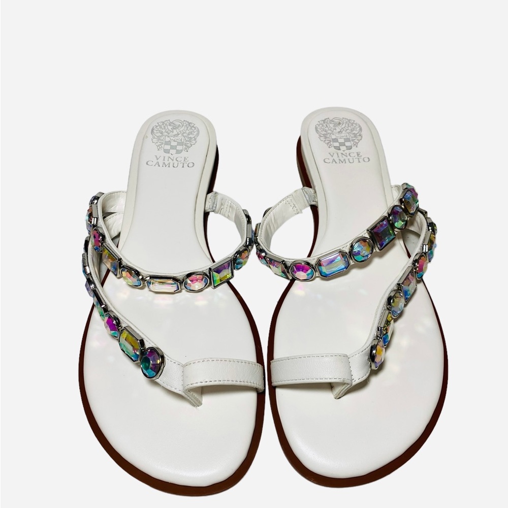 Vince Camuto Bejeweled Sandals Ambridil White Leathers shoes Toe Loop - Picture 5 of 10